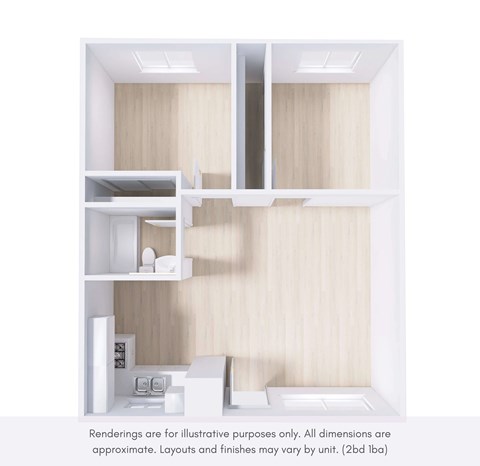 Floor plan for 2 beds, 1 bath, 950 sqft